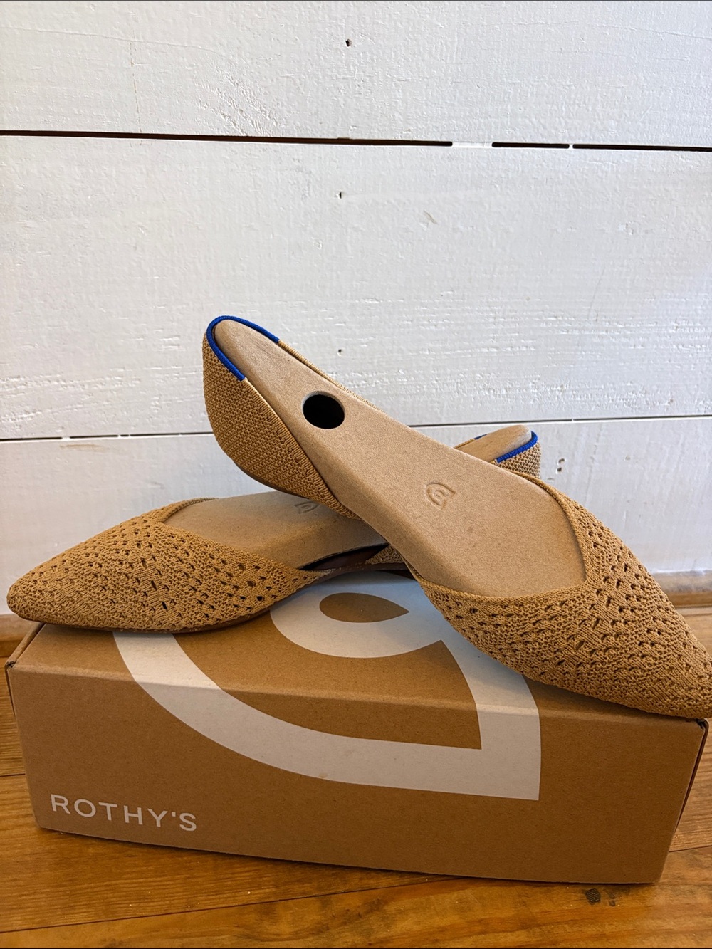 Rothy's Women's Tan Knit Pointed-Toe Flats with Blue Trim